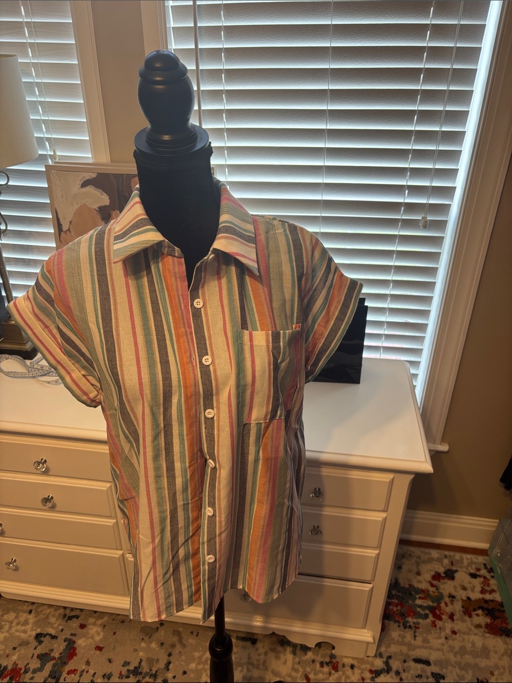 Striped Short-Sleeve Button-Up Shirt in Multi-Color
